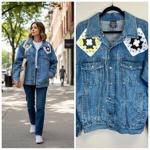 Boho Cottagecore Granny Square Blue Denim Jacket Crochet Accent Vintage Outdoor